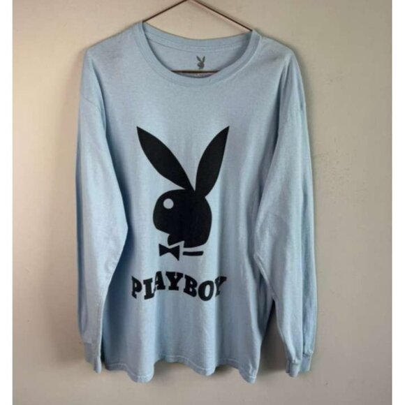Playboy Mens Long Sleeve Shirt Crewneck Big Bunny Logo Cotton Light Blue Size L - Picture 6 of 6